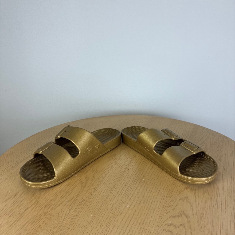 Freedom Moses Gold Metallic Double Strap Slide Sandals Women's 39 40 US 8-9 - Picture 3 of 7